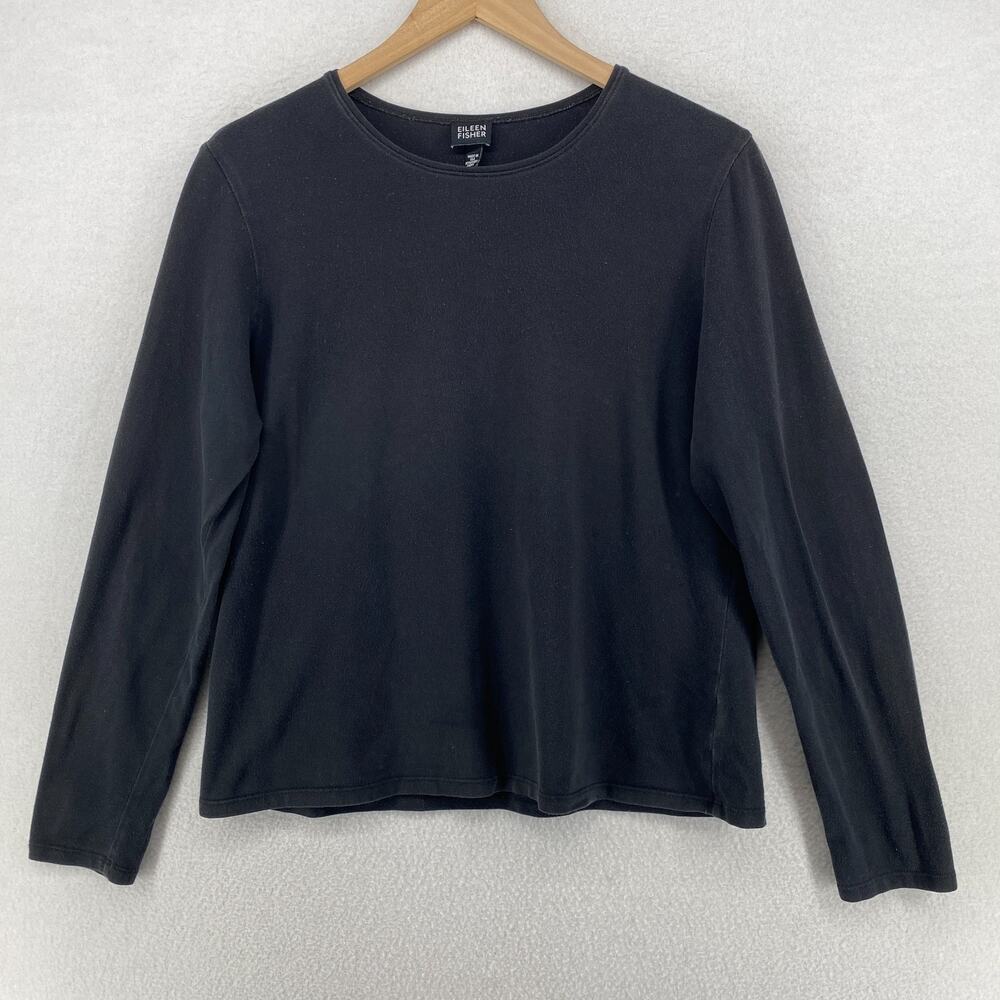 EILEEN FISHER Top M Stretch Cotton Jersey Crewneck Long Sleeve Black USA